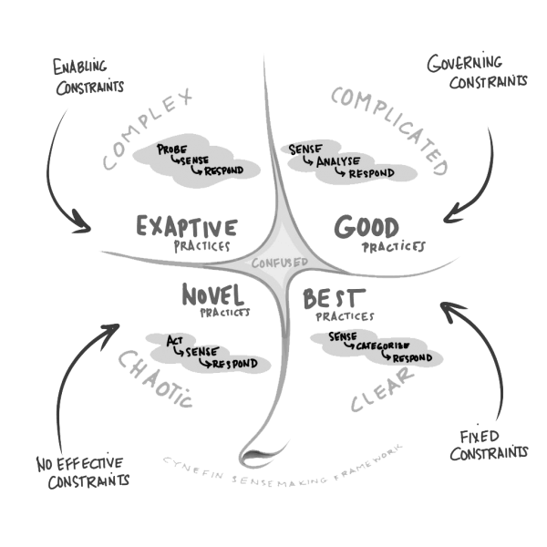 The Cynefin Framework describes 5 domains of complexity and their respective constraints.