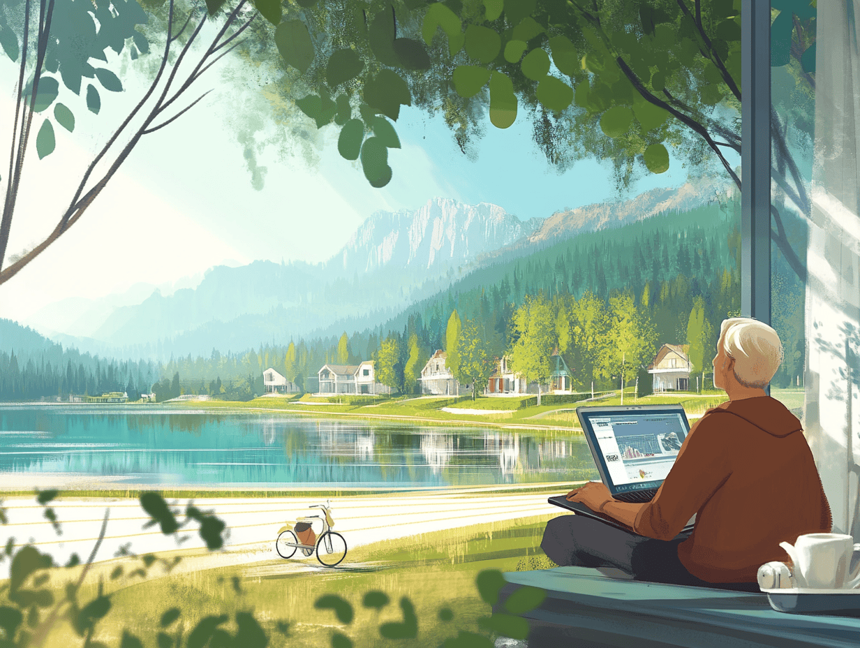 Jean-Pierre works remotely in 2050, surrounded by nature, enjoying a balanced and tranquil lifestyle by the lake – iterated using Midjourney