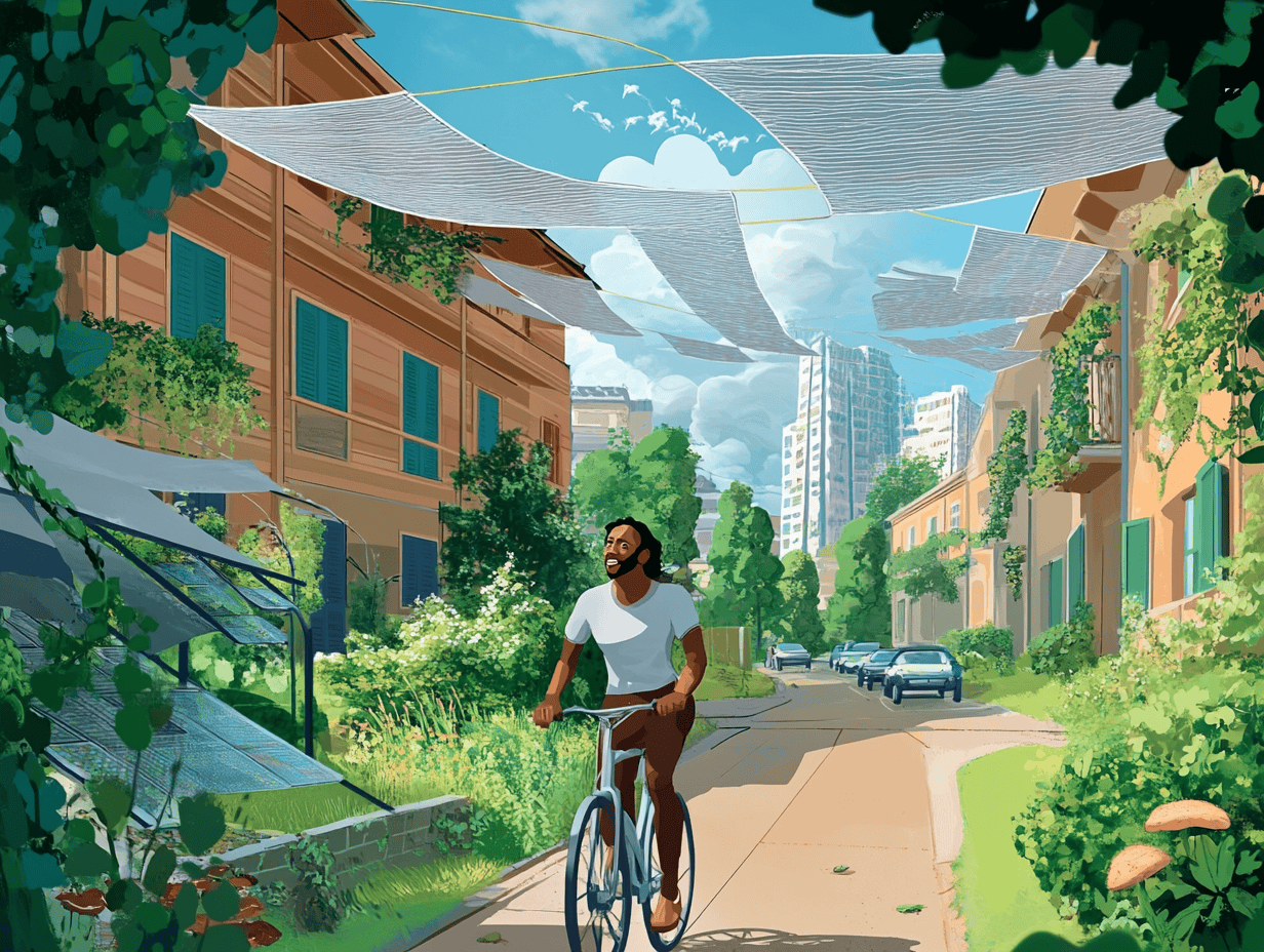 François bikes through a green, sustainable city in 2050, embracing a fresh start in an eco-friendly community – iterated using Midjourney