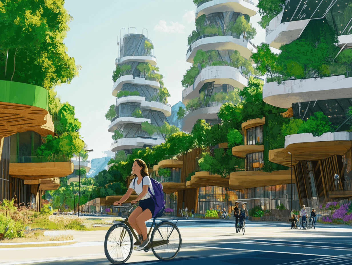 Lucie rides her bike through a vibrant eco-friendly city in 2050, surrounded by lush, sustainable buildings and greenery, embodying her commitment to a healthy and climate-conscious lifestyle – iterated using Midjourney